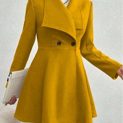 Women's Autumn Winter Yellow Woolen Coat Elegant Lapel Double Button Slim Fit Mid-Length Overcoat Casual Long Sleeve Outerwear F