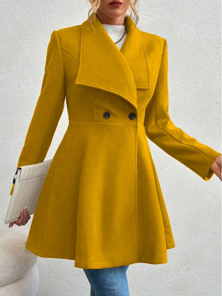 Women's Autumn Winter Yellow Woolen Coat Elegant Lapel Double Button Slim Fit Mid-Length Overcoat Casual Long Sleeve Outerwear F