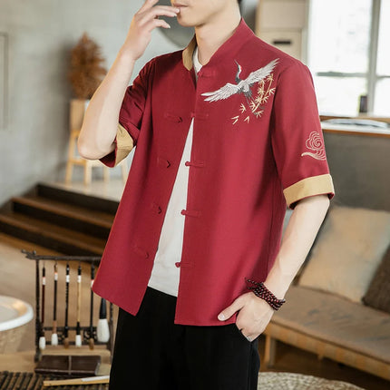 Camicie da uomo con gru ricamate Kungfu Tai Chi Casual manica corta nuovo stile cinese colletto alla coreana Cardigan in lino Tang Suit uomo Top