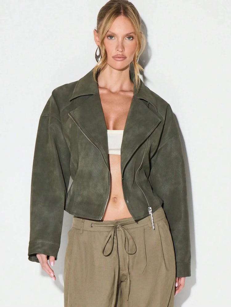 Belt Zipper Top with Waist Cinching American and European Style Streetwear Notched Lapel Thick No Hood Women Autumn Jacket
