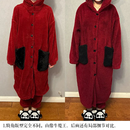 Virtual Alice Dark Gothic Demon Death Skull Horned Hooded Robe Thickened Coral Fleece Winter Warm Long Sleepwear Loungewear