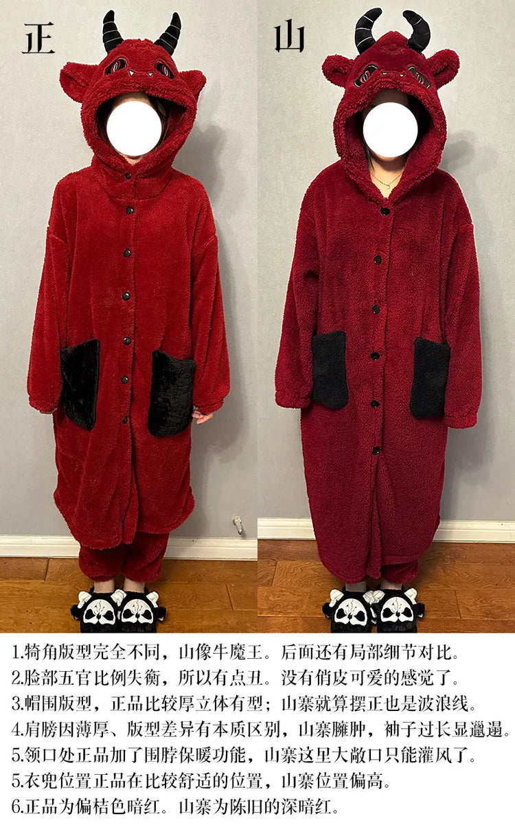 Virtual Alice Dark Gothic Demon Death Skull Horned Hooded Robe Thickened Coral Fleece Winter Warm Long Sleepwear Loungewear