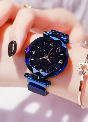 Orologi da donna con cielo stellato alla moda, fibbia magnetica, cintura in rete, orologio al quarzo con diamanti, orologio da donna platinumshop