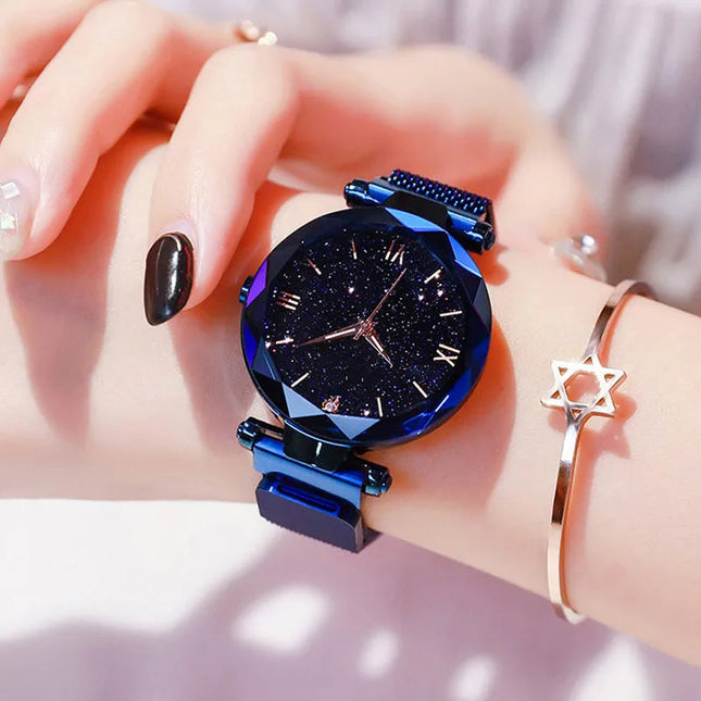 Orologi da donna con cielo stellato alla moda, fibbia magnetica, cintura in rete, orologio al quarzo con diamanti, orologio da donna platinumshop