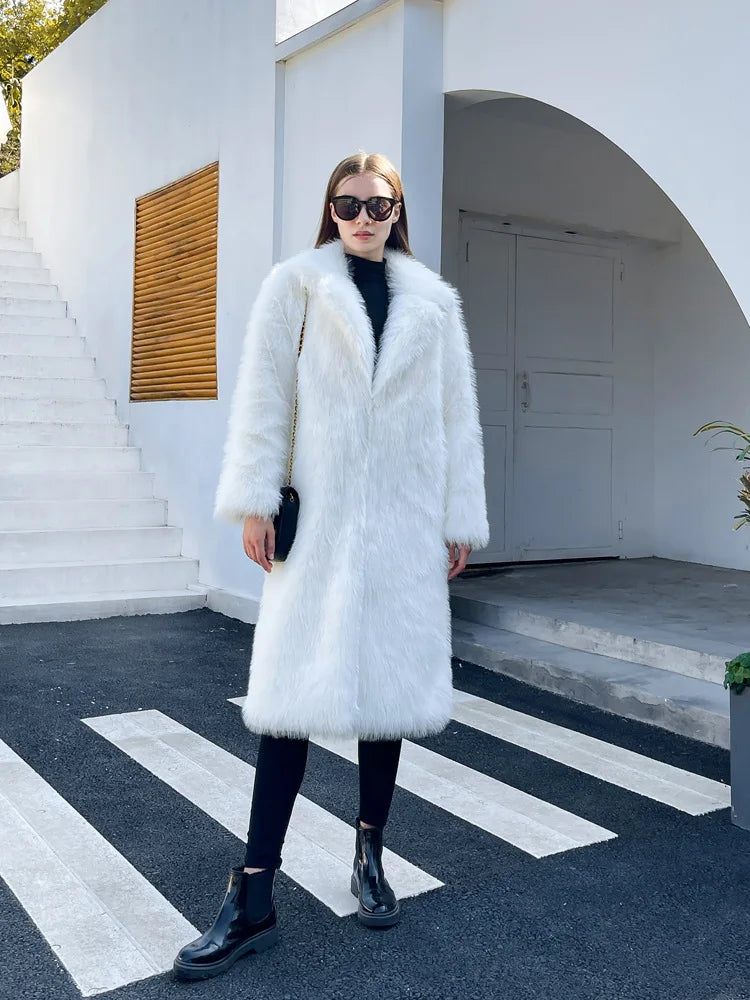 ZADORIN Winter Fluffy Jacket Women Solid Lapel Long Faux Fox Fur Coat Ladies Furry Warm Pink White Jacket Trench Coats Tops
