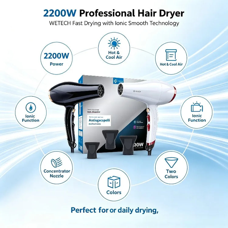 WETECH 2200W Professional Negative Ionic Hair Dryer Dual Voltage 100-240V Adjustable Hot Cool Wind Blow Dryer With Concentrator Nozzle Salon Home Hair Styling Tool