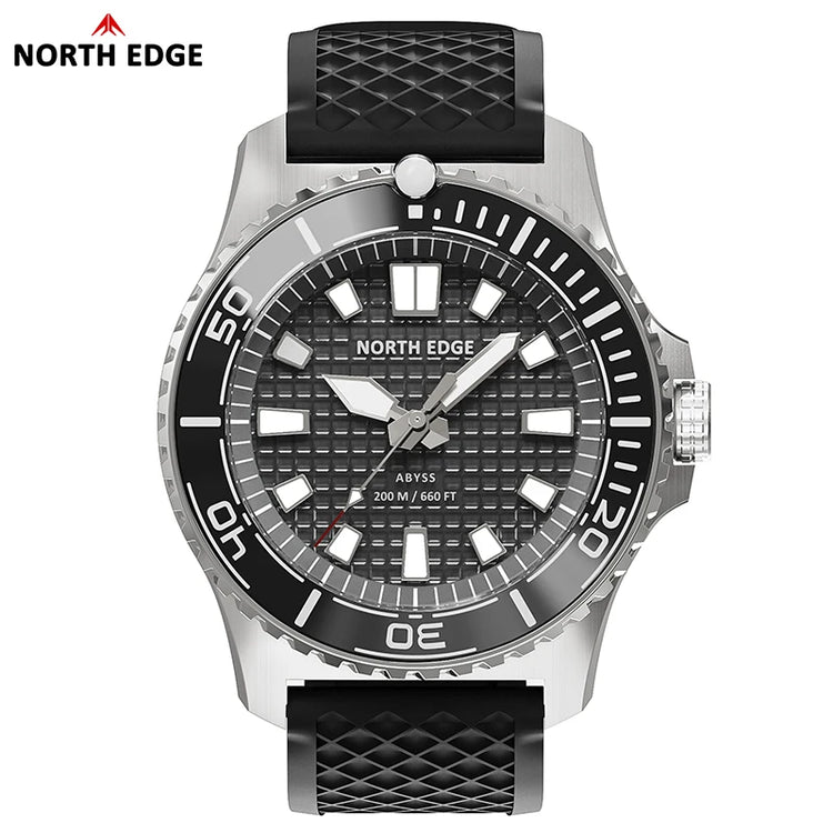 NORTH EDGE NEW Design ABYSS Solar Powered Dive Quartz Wristwatch 200M Waterproof Sports Diving Watch 316L Soft Strap Men Watches