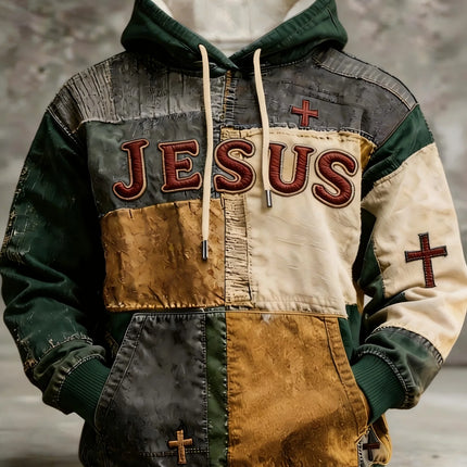 Mens Multi Color Patchwork Hoodie Soft Lined Raised Embroidery Slogan Small Cross Accent Minimal Casual Sweat Top