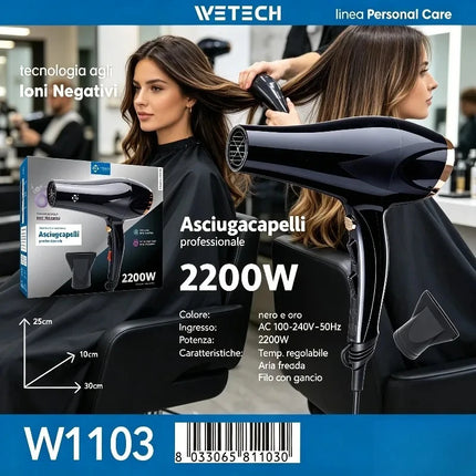 2200W Fast Dry Ionic Hair Blow Dryer 100‑240V Dual‑Voltage Hot & Cold Air Function Hanging Hook Design With Concentrator Nozzle Hair Styling Tool