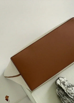 Borsa tote verticale in tela bianco sporco, borsa a tracolla multiuso con finiture in pelle di lusso