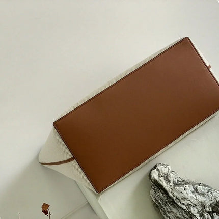 Borsa tote verticale in tela bianco sporco, borsa a tracolla multiuso con finiture in pelle di lusso