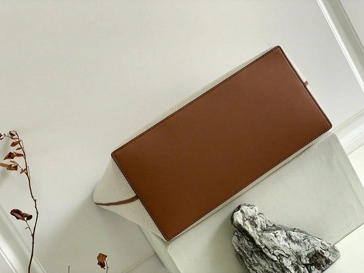 Borsa tote verticale in tela bianco sporco, borsa a tracolla multiuso con finiture in pelle di lusso