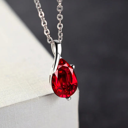 S925 Sterling Silver Necklace Angel Tears Crystal Red Pendant Necklace for Woman Charm Jewelry Gift PlatiNum