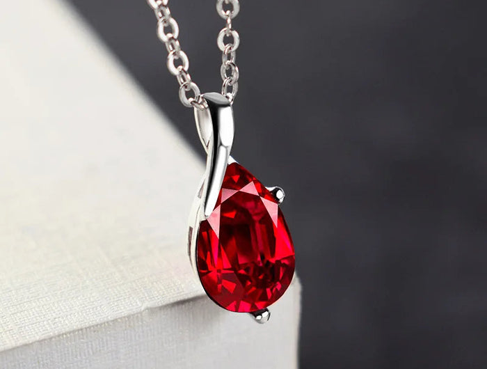 S925 Sterling Silver Necklace Angel Tears Crystal Red Pendant Necklace for Woman Charm Jewelry Gift PlatiNum