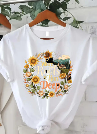 Comoda maglietta da donna con stampa Cozy Feels Forever T-shirt da donna con stampa floreale, stile casual comfort