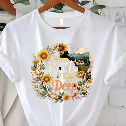 Comoda maglietta da donna con stampa Cozy Feels Forever T-shirt da donna con stampa floreale, stile casual comfort