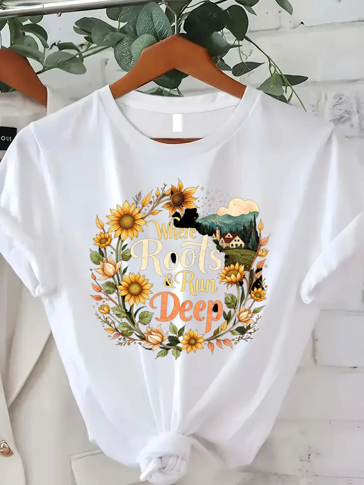 Comoda maglietta da donna con stampa Cozy Feels Forever T-shirt da donna con stampa floreale, stile casual comfort