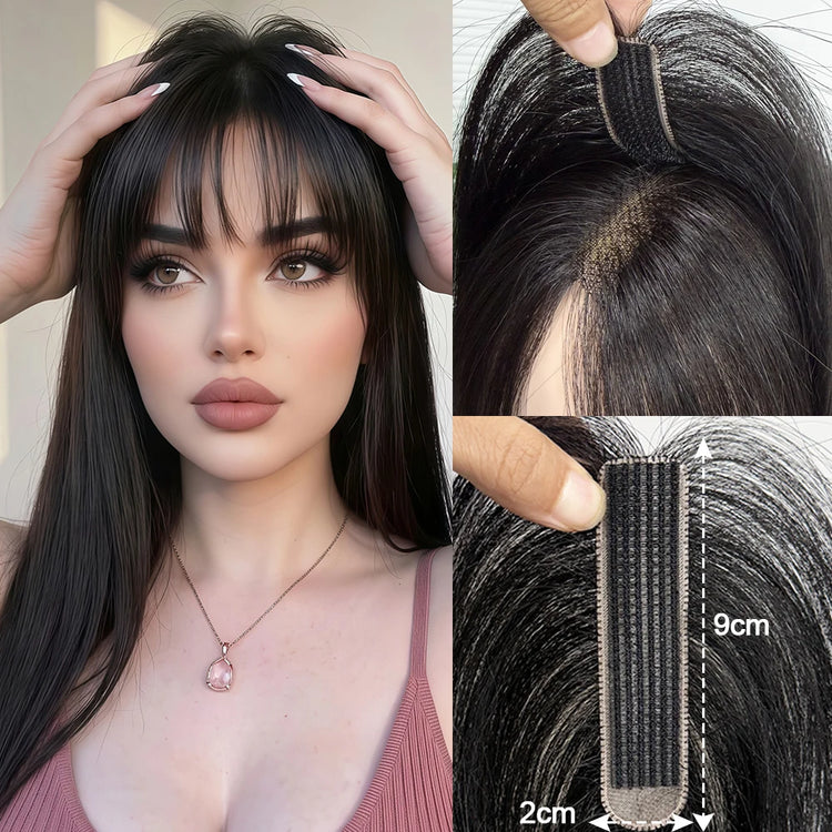 No Clip-in Real Human Hair Topper Weightless Black Air Bangs Cover Sparse Hair Seams Patches 2x9cm #3 Net Human Hair Pieces
