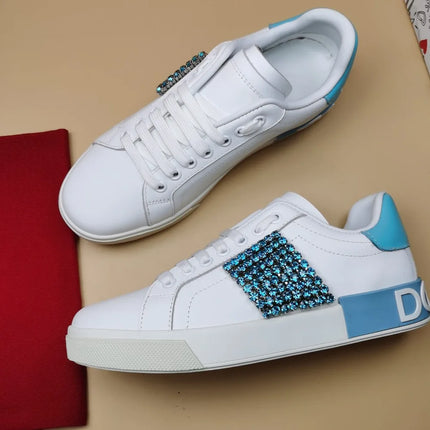 Luxury Rhinestone Sneakers Designer Unisex White Leather Thick Sole Casual Shoes Brand Ladies Outdoor Platform Trainers Flats