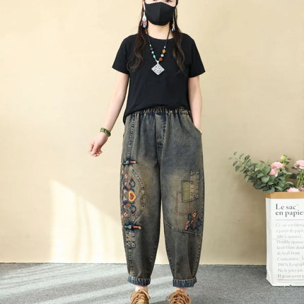 Jeans Ricamati Artistici Retrò da Donna, Nuovi Pantaloni Casual in Denim Elasticizzato a Vita Alta, Collezione Primavera Autunno 2026