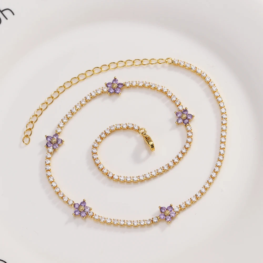 Fiori colorati con zirconi cubici Baguette Catena da tennis Collana girocollo da donna Gioielli hip-hop in ottone per donna Dorato