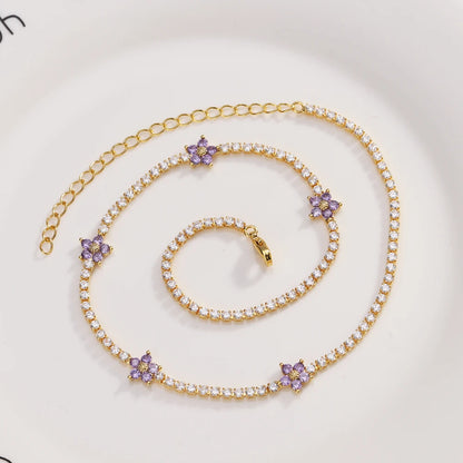 Fiori colorati con zirconi cubici Baguette Catena da tennis Collana girocollo da donna Gioielli hip-hop in ottone per donna Dorato