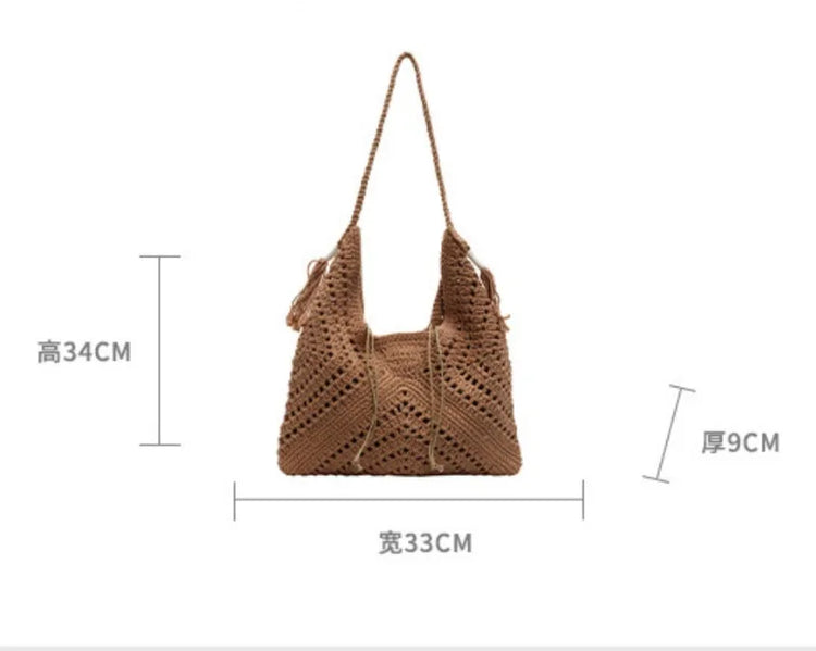Borsa a tracolla estiva casual all'uncinetto, stile boho, borsa tote da spiaggia per vacanze, borsa alla moda intrecciata, borse a mano con design lavorato a maglia per viaggi