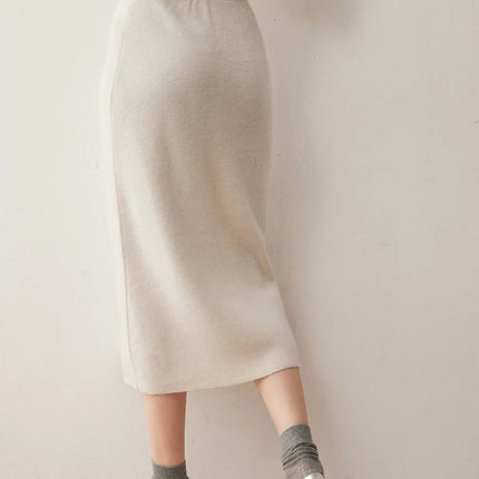 Women's 100% Cashmere Skirts Office Lady Autumn Winter Basic Fit Knitted High Waist Straight Skirt Graceful Long Warm Soft Dress PlatiNum