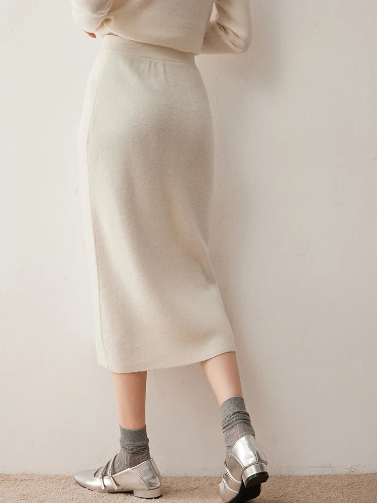 Women's 100% Cashmere Skirts Office Lady Autumn Winter Basic Fit Knitted High Waist Straight Skirt Graceful Long Warm Soft Dress PlatiNum