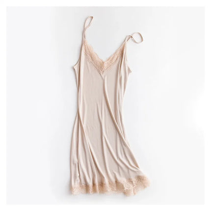 Abbigliamento primavera/autunno da donna 23% seta di gelso naturale allentato scollo a V pizzo slip camicia da notte tinta unita sexy abito base lavorato a maglia