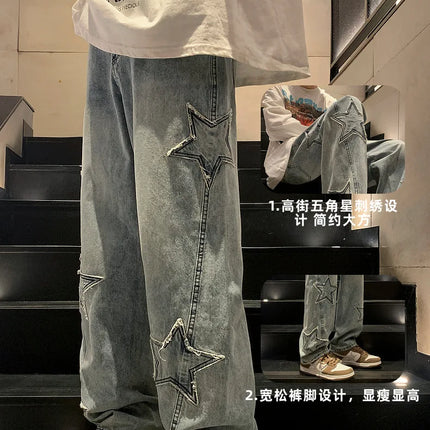New Fashion Stella a cinque punte Jeans Uomo a vita alta Vintage Streetwear Pantaloni da uomo Baggy Inverno Jeans a gamba larga Denim Abbigliamento uomo