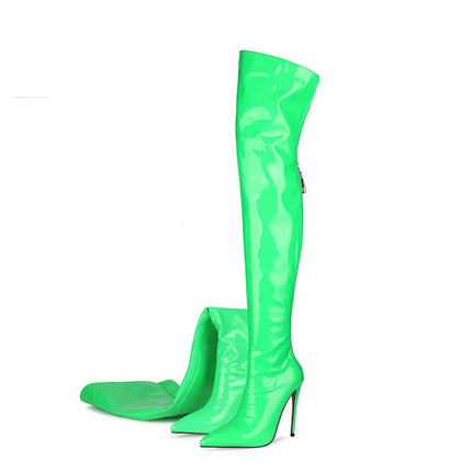New Sexy Fashion Patent Leather Women Over Knee Boots Black White Long Boots Ladies Pointed Toe Classic High Heels Shoes Large PlatiNum