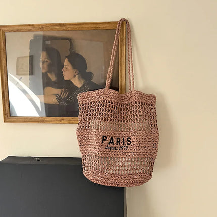 Hylhexyr Women's Letter Embroidered Shoulder Bag Woven Straw Bag Large Capacity Empty Holiday Beach Bags