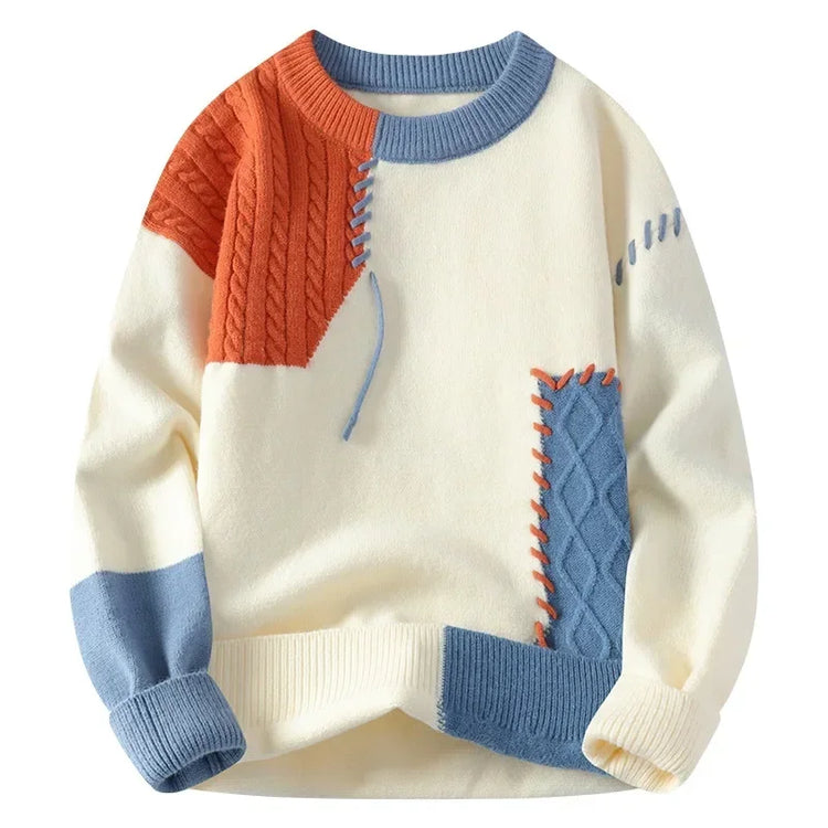Men Knitted Jumpers Patchwork Sweater O Neck Pullovers Spliced Long Sleeve Jumper Slight Strech Standard Wool 2024 Casual