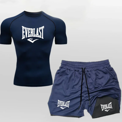 EVERLAST Camicia da Compressione da Uomo + Pantaloncini Sportivi 2 in 1 Set da 2 Pezzi per Il Tempo Libero Respiro Manica Corta Sport Jogging Palestra Marchio di Abbigliamento Stampa platinumshop
