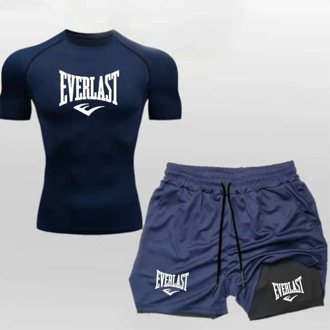 EVERLAST Camicia da Compressione da Uomo + Pantaloncini Sportivi 2 in 1 Set da 2 Pezzi per Il Tempo Libero Respiro Manica Corta Sport Jogging Palestra Marchio di Abbigliamento Stampa platinumshop