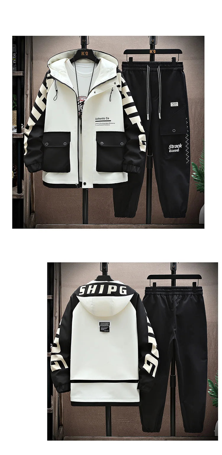 Spring Autumn Men Tracksuit Casual Joggers Hooded Sportswear Jackets Pants 2 Piece Sets Hip Hop Running Sports Suit
