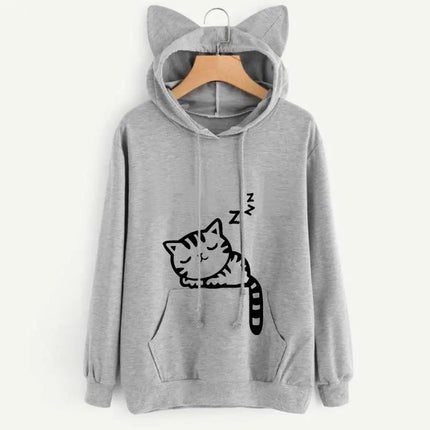 Long Sleeve Hoodies Sweatshirt For Women Cute Cat Print and Ear Kangaroo Pocket Drawstring Hooded Jogger Pullover Tops