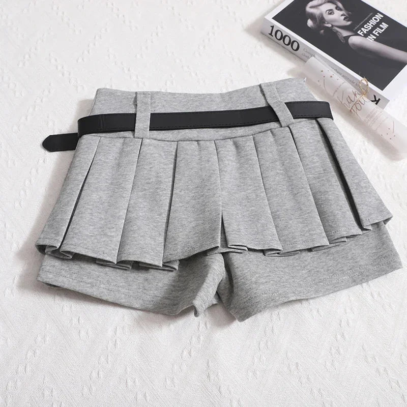 Womens Shorts Autumn Winter Belt High Waist Fluffy Pleated A-line Short Pants Korean Fashion Sexy Y2k All Match Clothes