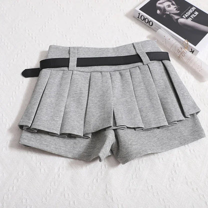 Womens Shorts Autumn Winter Belt High Waist Fluffy Pleated A-line Short Pants Korean Fashion Sexy Y2k All Match Clothes