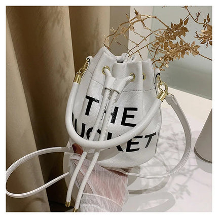 Spring New Fashion Letter PU Leather Bucket Bag Women Simple City Style Shoulder Handbag Trendy Crossbody Satchel Handbag PlatiNum