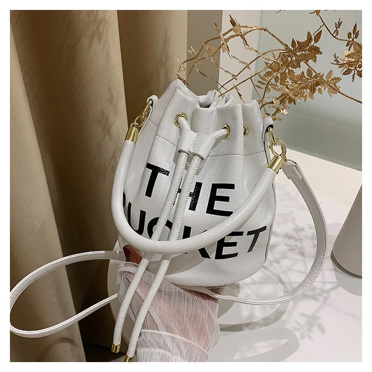Spring New Fashion Letter PU Leather Bucket Bag Women Simple City Style Shoulder Handbag Trendy Crossbody Satchel Handbag PlatiNum
