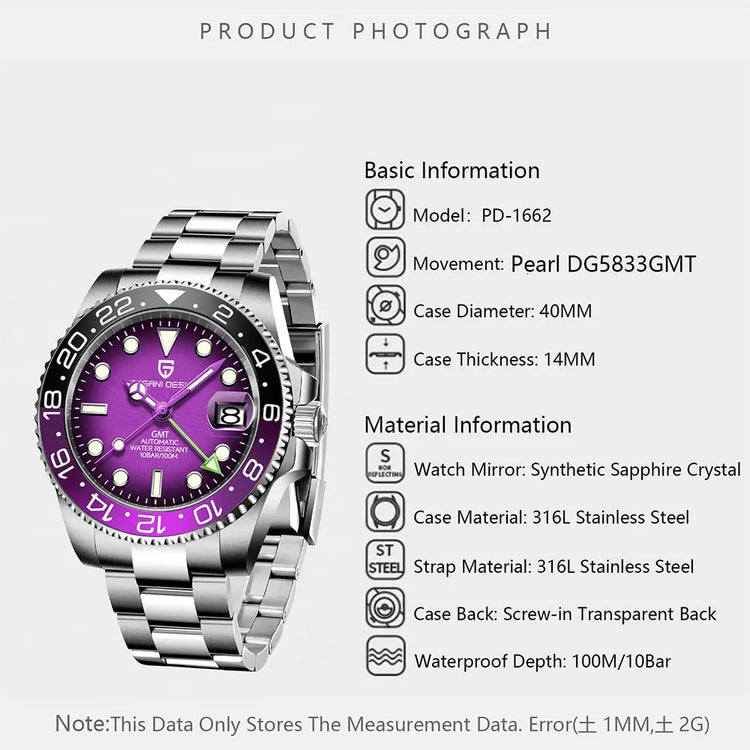 PAGANI DESIGN New GMT Men Watch Top Brand 40mm Mechanical Watch Sapphire Glass 100M Waterproof Automatic Wristwatch Reloj Hombre