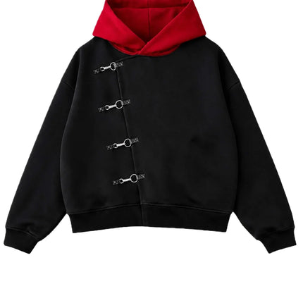 Y2K Red Itadori Hoodie Oversized Black Red Spliced Metal Button Casual Sweatshirt Trendy and Simple Men Women Streetwear Jacket