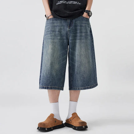 Pantaloncini Seven-Five in denim non elastico da uomo, vestibilità ampia, vestibilità ampia, versatile, stile semplice, casual
