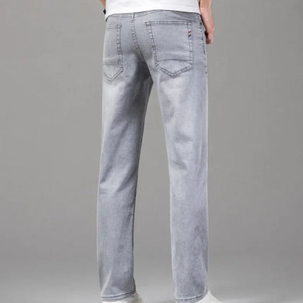 Summer Thin Men's Elastic Cotton Jeans Fashion Gray Comfortable Business Straight Casual Pants Brand Male Clothes Trousers PlatiNum