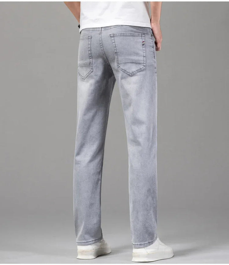 Summer Thin Men's Elastic Cotton Jeans Fashion Gray Comfortable Business Straight Casual Pants Brand Male Clothes Trousers PlatiNum