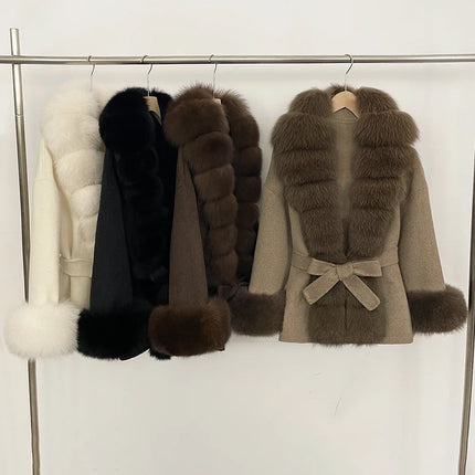 Real Fur Wool Jacket Fashion Reality Fur Jacket Women Natural Fox Fur Cuffs Winter Clothing Female Elegant with Belt Woolen Coat