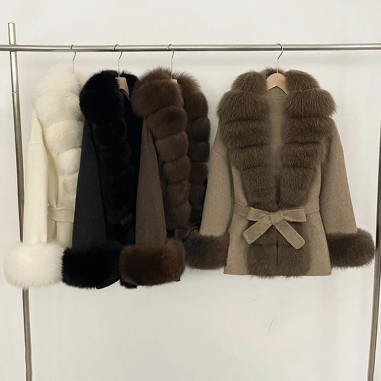 Real Fur Wool Jacket Fashion Reality Fur Jacket Women Natural Fox Fur Cuffs Winter Clothing Female Elegant with Belt Woolen Coat