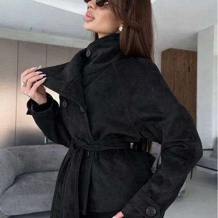 Elegant Suede Women Jacket Turn Down Collar Double Breasted Belt Waist Slim Jackets 2026 Autumn Winter Female Fashion Tops